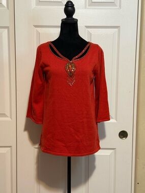 Vintage Bob Mackie Red Embellished V-Neck Tunic Top